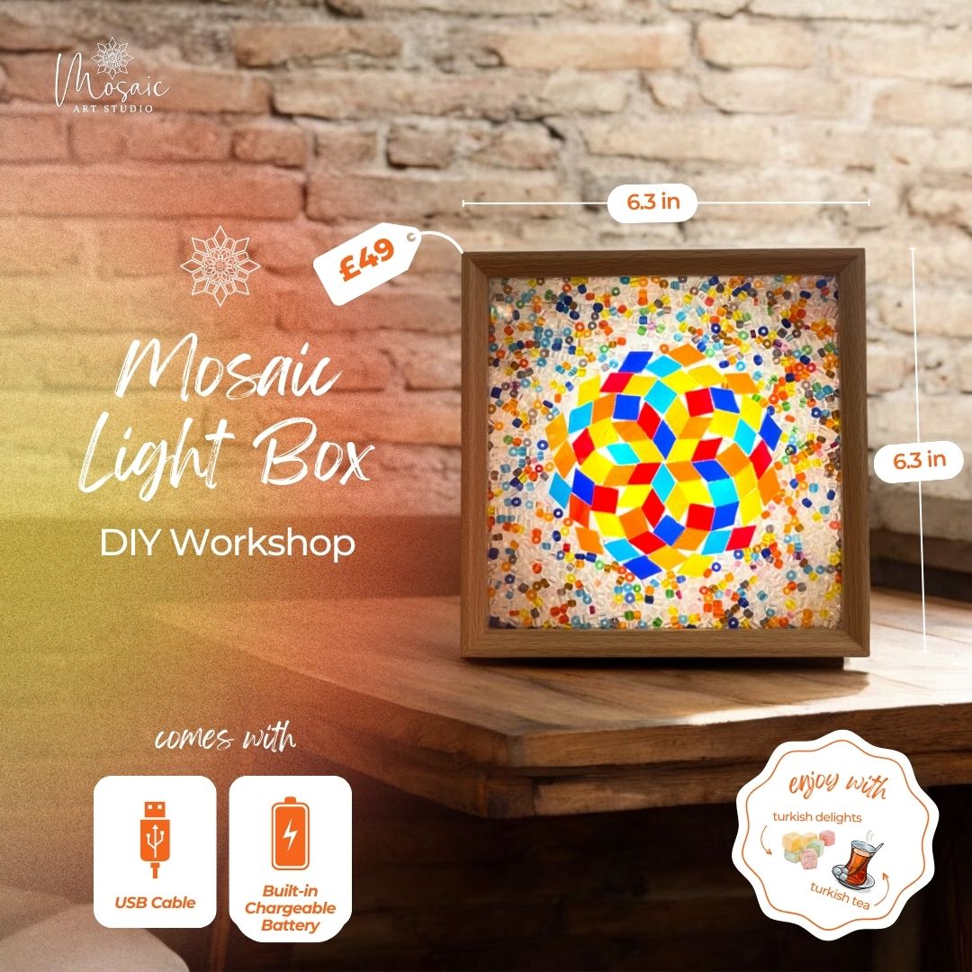 Rechargeable mosaic light box with colourful design and wooden frame, suitable for ages 6+ and older adults, including people living with dementia or with reduced fine motor skills