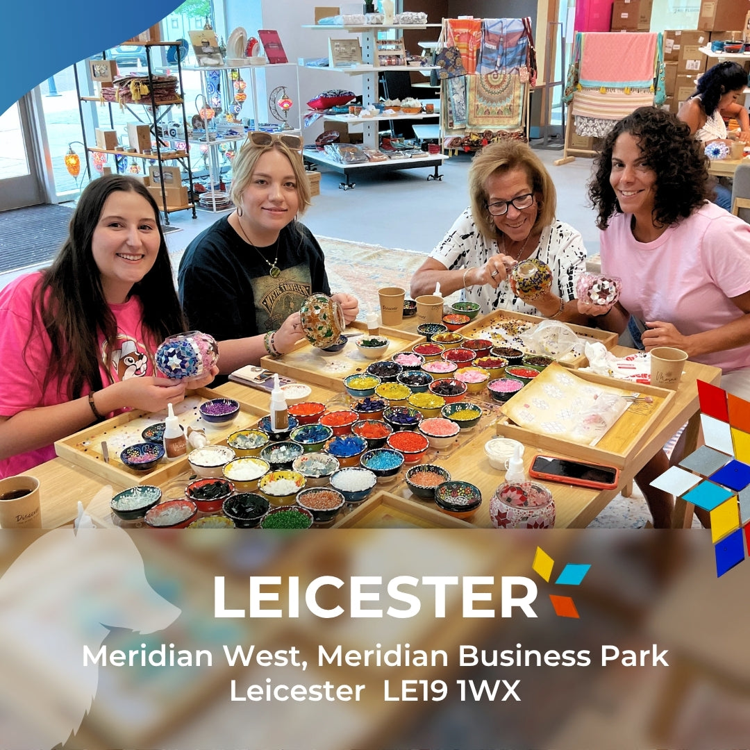 Mosaic lamp workshop in Leicester by Mosaic Art Studio UK, with participants creating colourful handmade Turkish mosaic lamps at Meridian West, Meridian Business Park