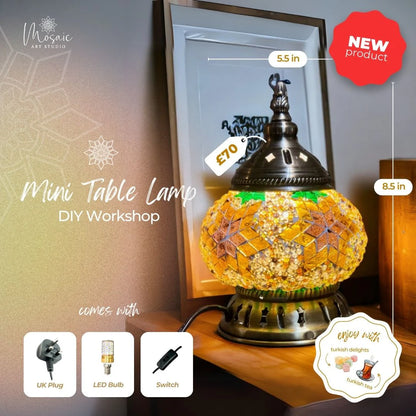 Visitors designing a small mosaic table lamp, mosaic lamp workshop – fun and hands-on creative activity